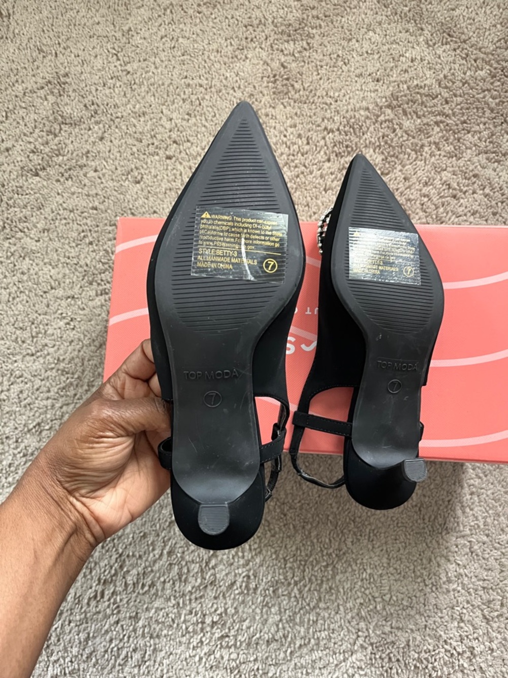 TOP Moda Black Pointed Slingback Kitten Heels with Crystal Buckle - Picture 11 of 13